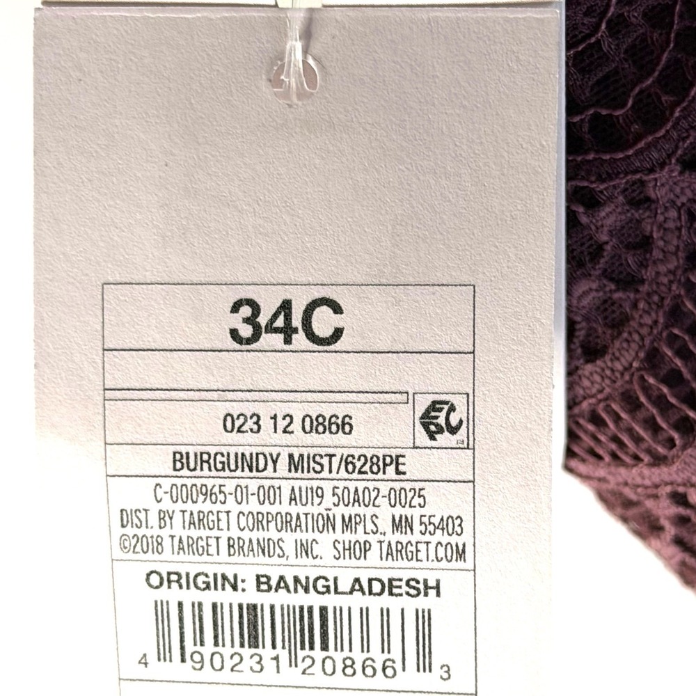 Auden NWT Burgundy Mist Lace Push Up Bra 34C Plum Purple Feminine T-Shirt - Picture 6 of 8
